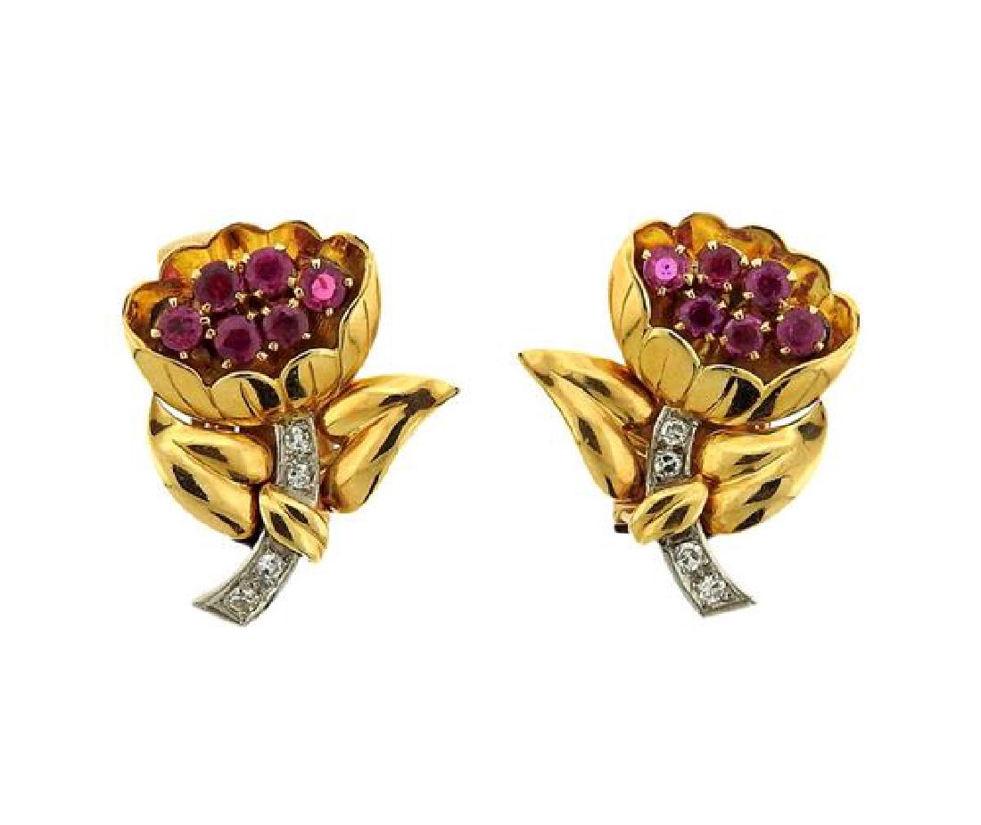 Retro 18K Gold Diamond Red Stone Flower Earrings (1 of 3)
