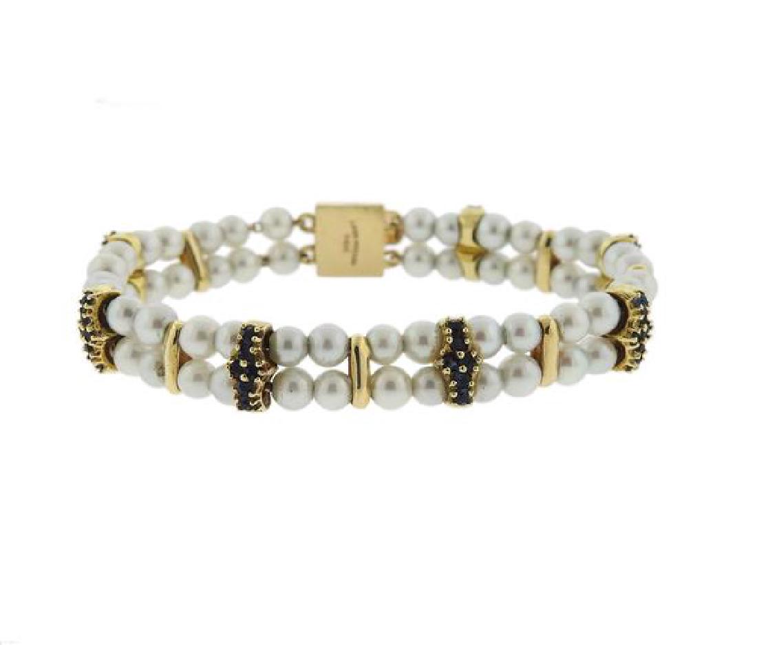 Lucien Piccard 14k Gold Pearl Blue Stone Bracelet (1 of 4)