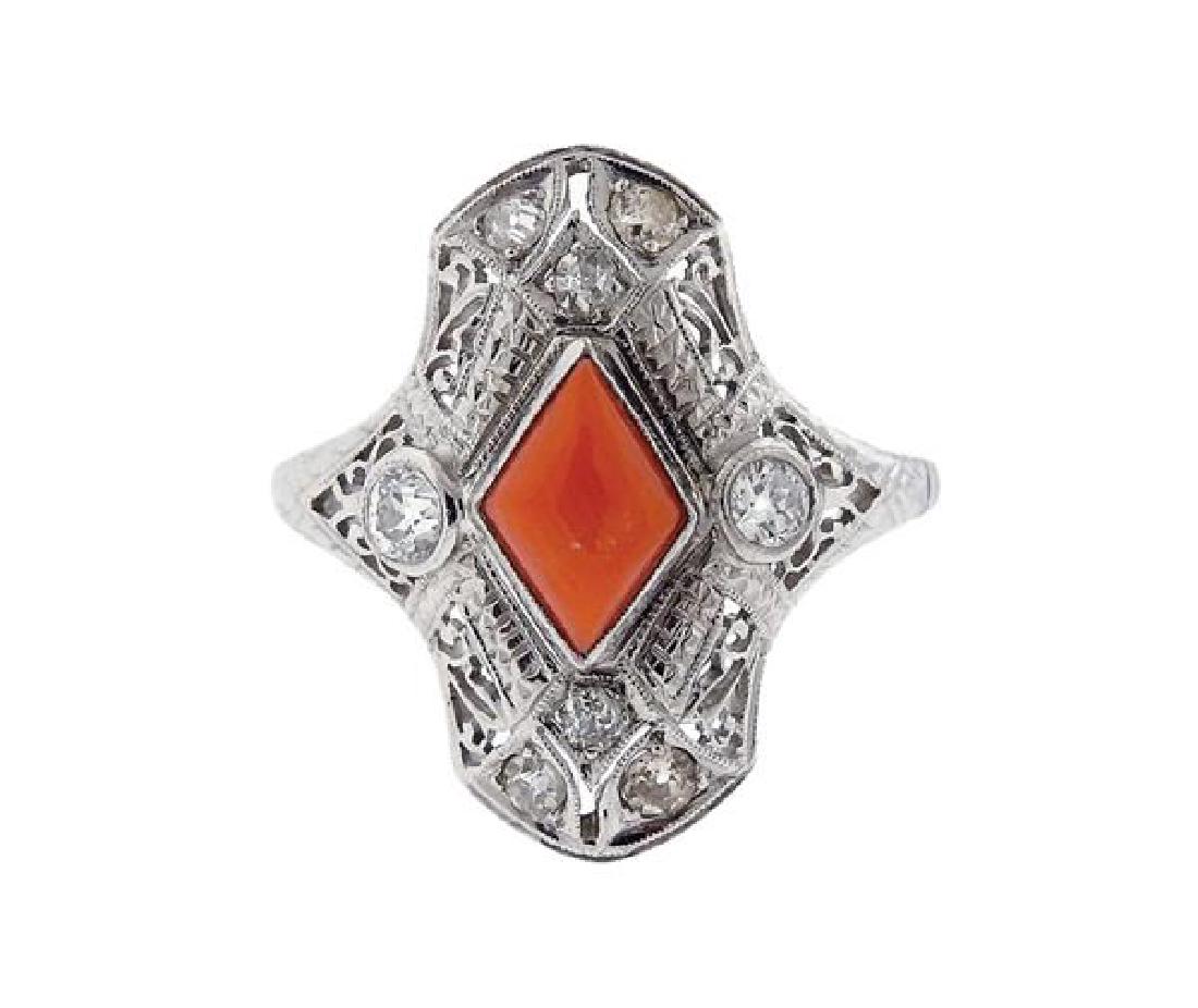 Art Deco 18k Gold Coral Diamond Ring (1 of 3)