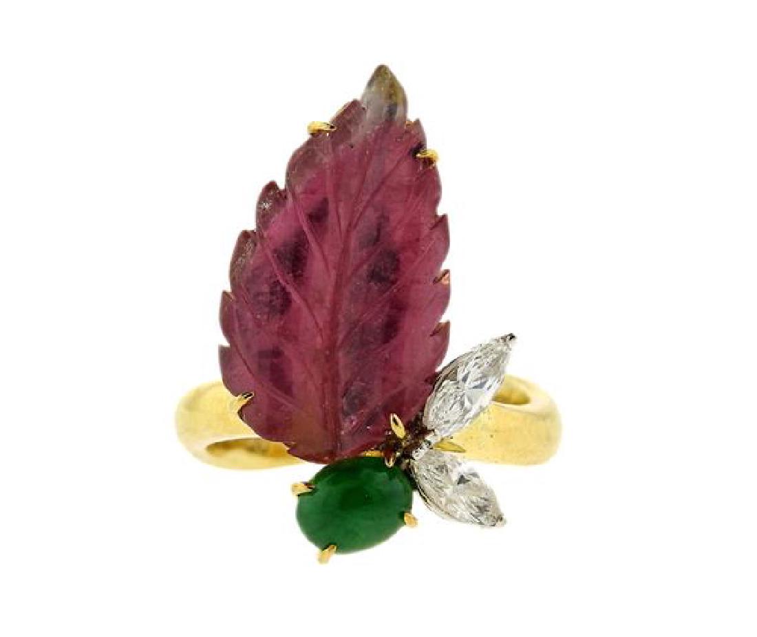 18k Gold Diamond Pink Green Stone Leaf Ring (1 of 4)
