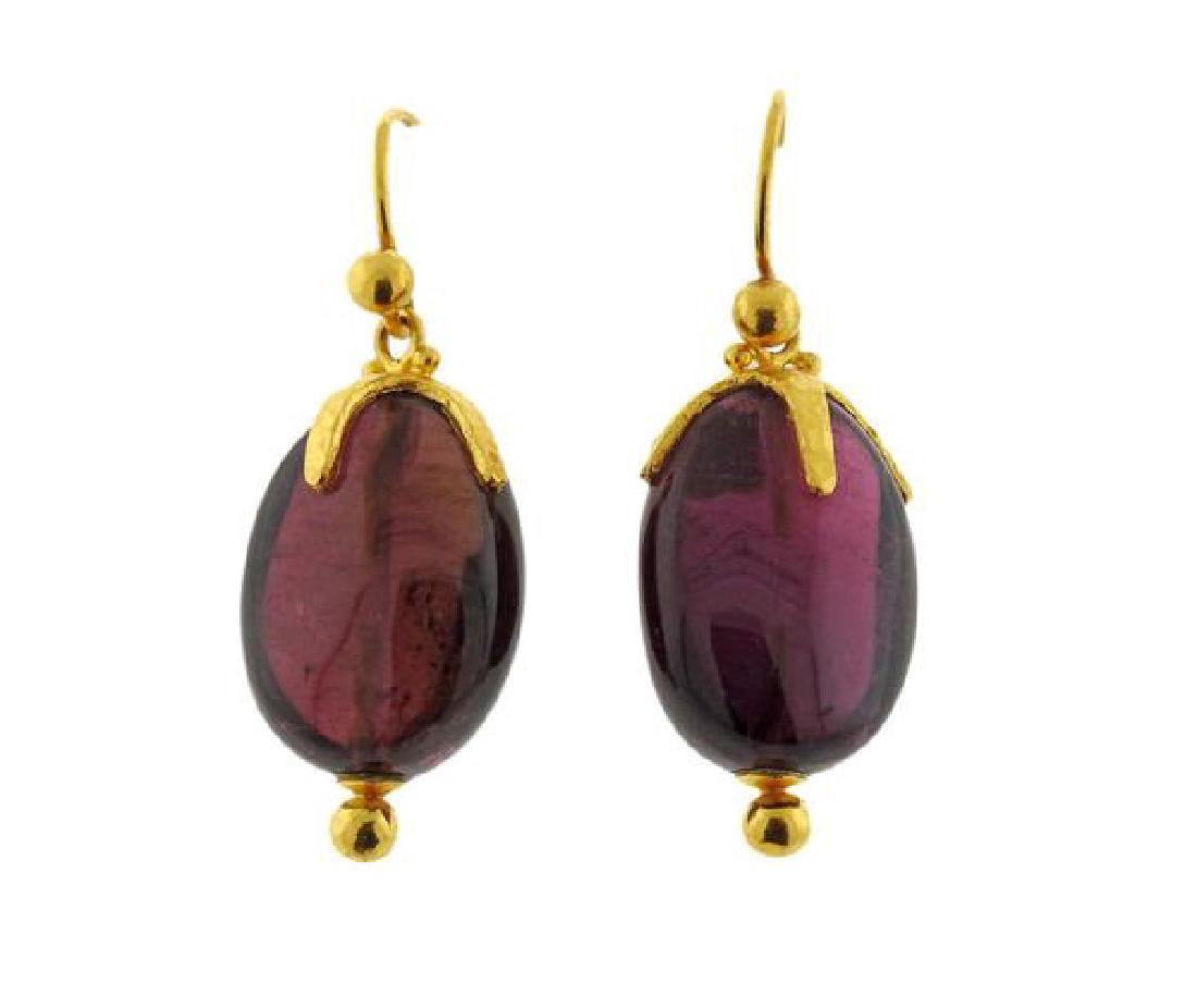 Gurhan 24K Gold Purple Gemstone Earrings: METAL: 24K gold. GEMSTONES: Purple gemstones. MEASUREMENTS: Earrings are 39mm long (including wire) x 14.8mm at widest point. MARKED: Gurhan Mark, 0.990. WEIGHT: 15.0 grams. Gemstones have not been gr