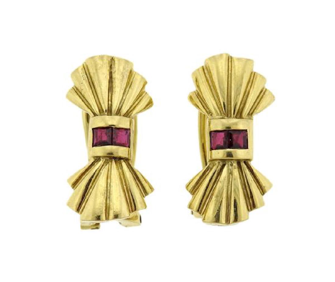 Retro 14k Gold Red Stone Bow Earrings (1 of 3)