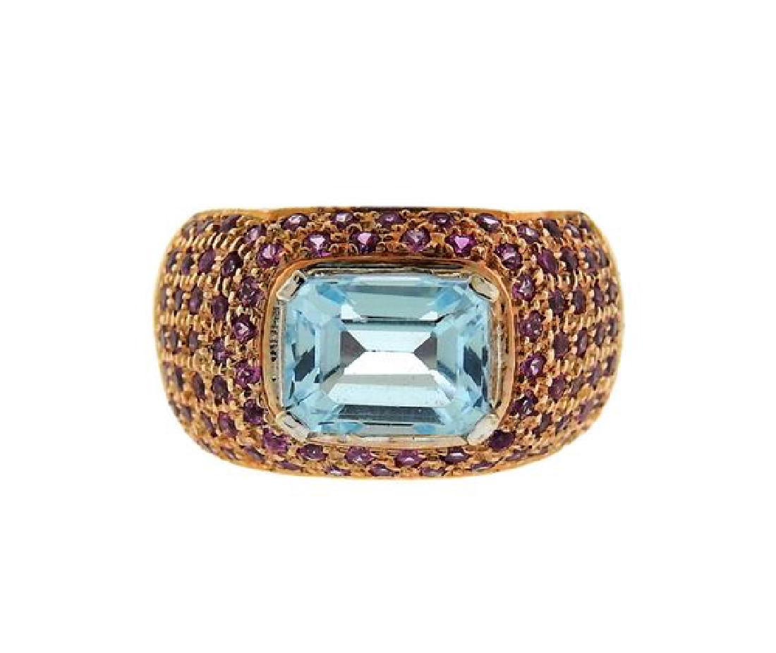 18K Gold Blue Pink Stone Wide Band Ring (1 of 3)