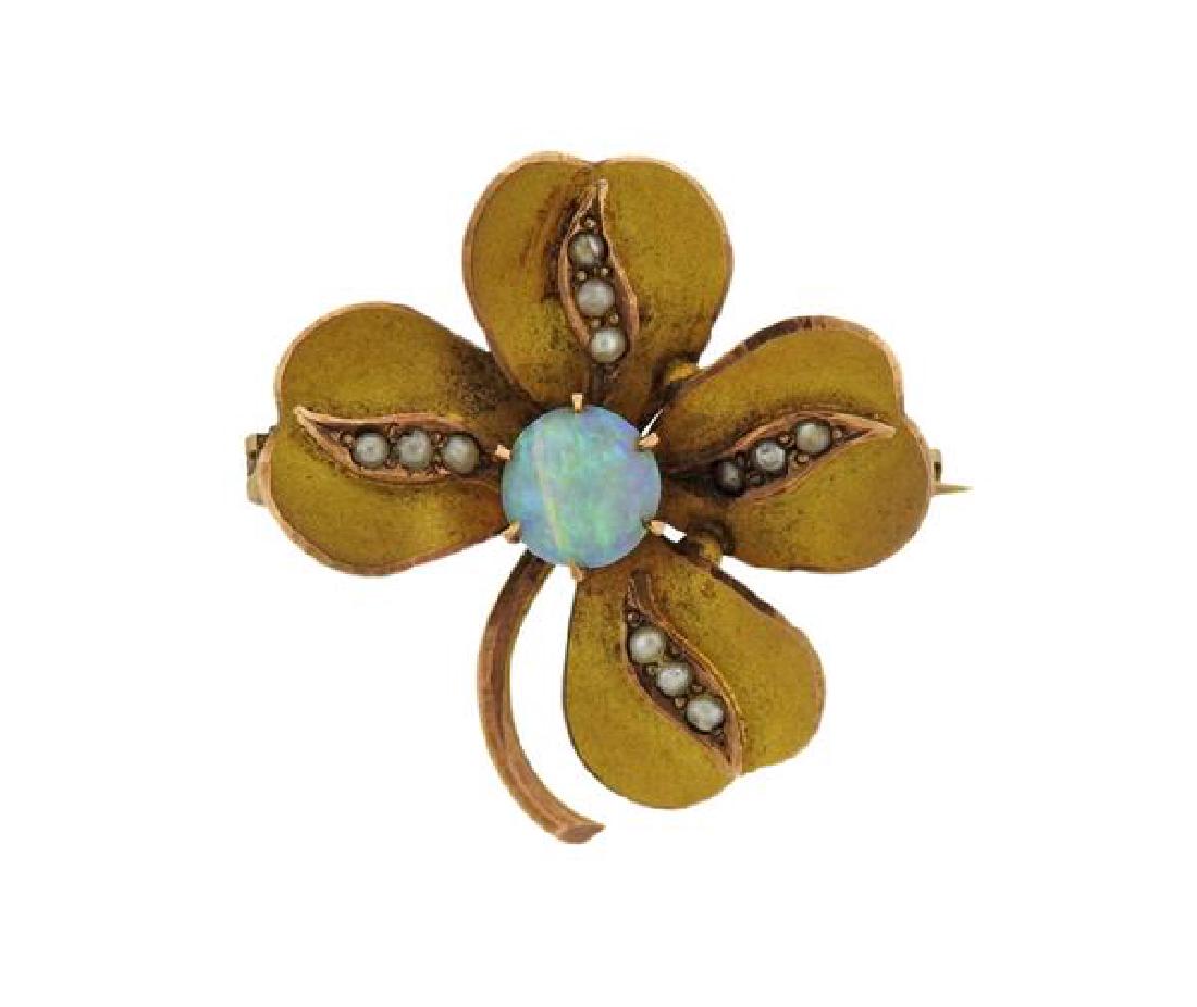 Antique 14k Gold Opal Seed Pearl Brooch Pin (1 of 3)