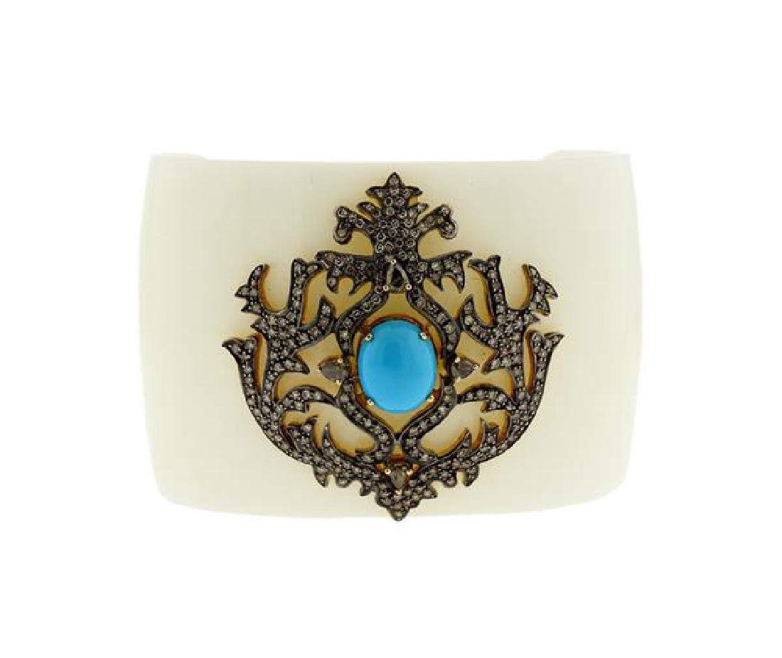 14k Gold White Stone Diamond Turquoise Cuff Bracelet (1 of 5)