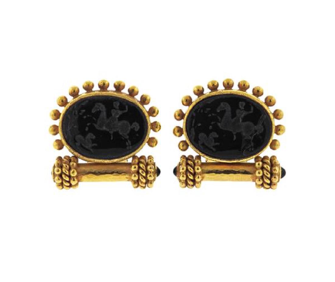 Elizabeth Locke 18K Gold Black Stone Intaglio Earrings: METAL: 18K gold. GEMSTONES: intaglio black stone. MEASUREMENTS: earrings are 34mm x 22mm at widest point. MARKED: maker's hallmark, 18K. WEIGHT: 25.7 grams. Gemstones have not been graded for colo