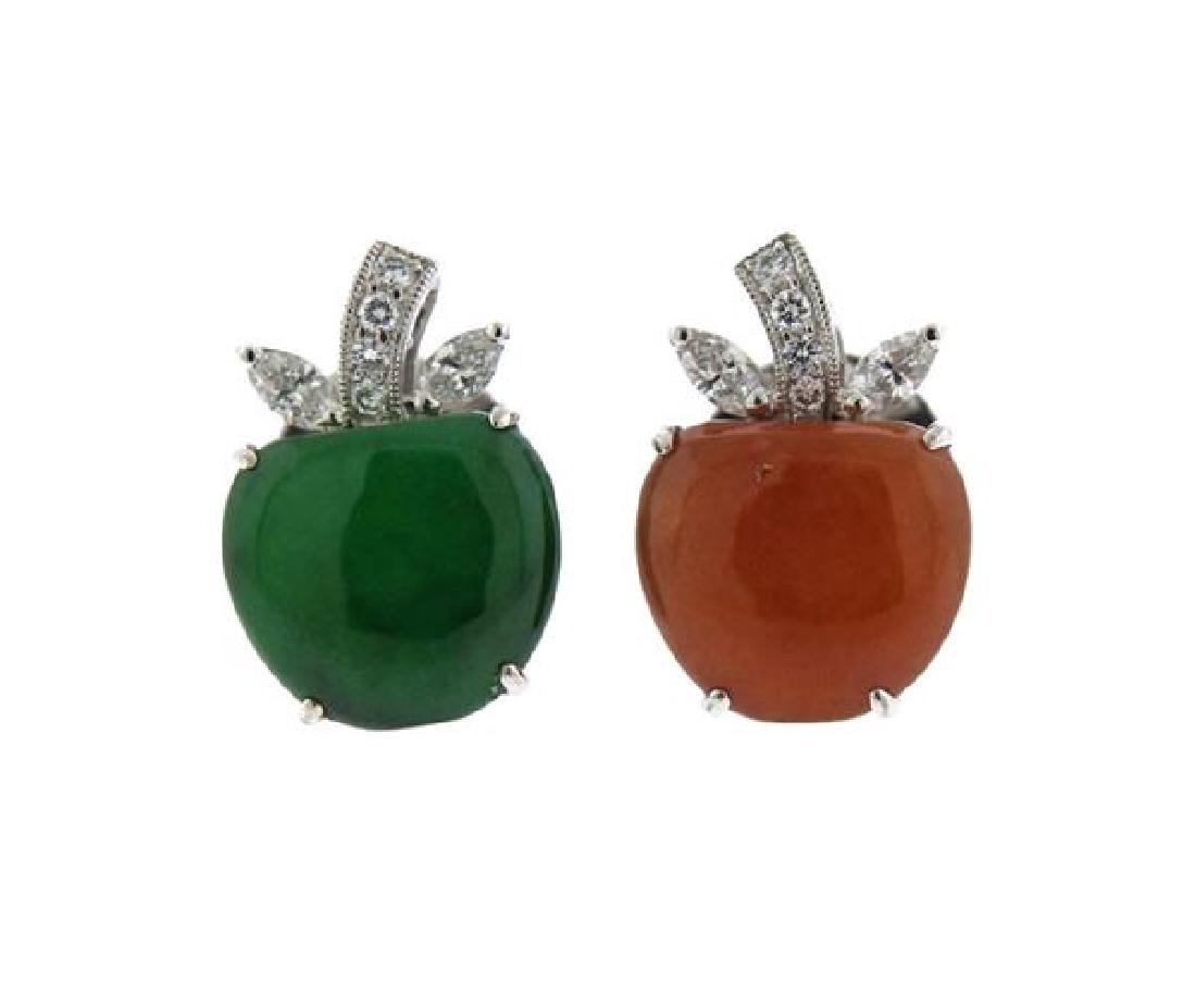 18K Gold Diamond Green Orange Jade Apple Earrings (1 of 3)