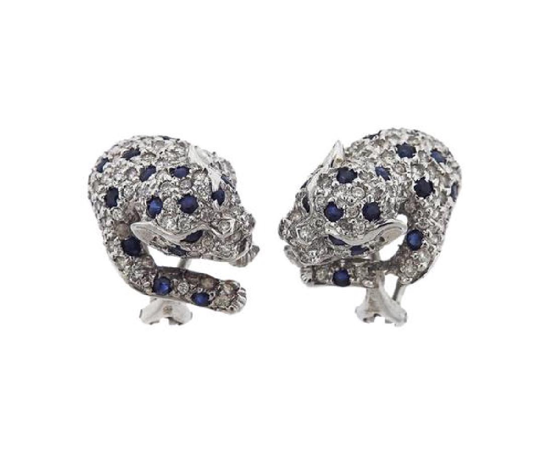 18K Gold Diamond Blue Stone Leopard Earrings (1 of 4)