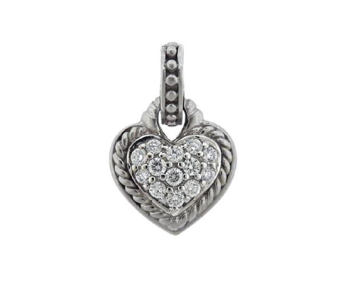 Judith Ripka 18K Gold Diamond Heart Enhancer Pendant: METAL: 18K gold. GEMSTONES: diamonds. MEASUREMENTS: pendant is 24mm long (including bale) x 15.2mm at widest point. MARKED: JR 18K. WEIGHT: 5.7 grams. Gemstones have not been graded for color and clar