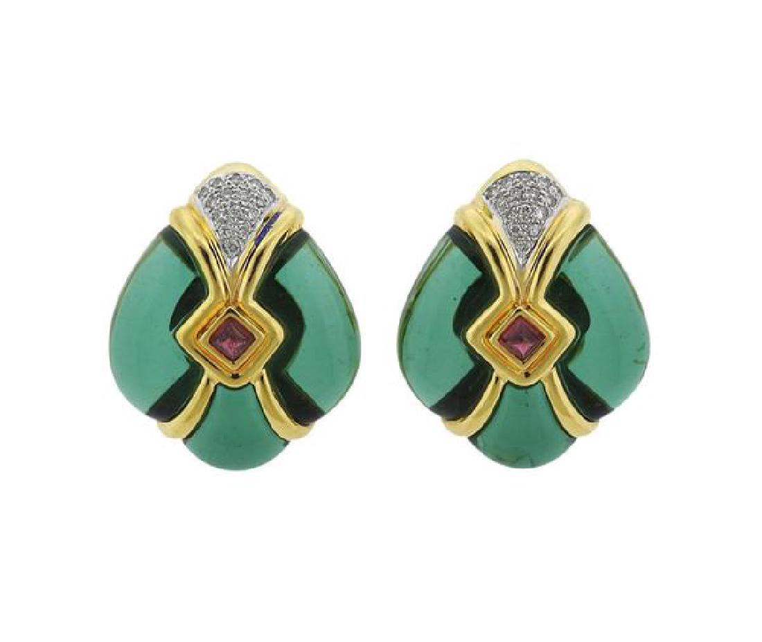 18K Gold Diamond Green Stone Red Stone Earrings (1 of 5)