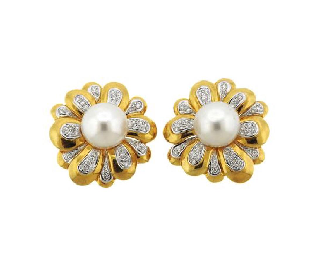 18K Gold Diamond Pearl Flower Earrings (1 of 4)
