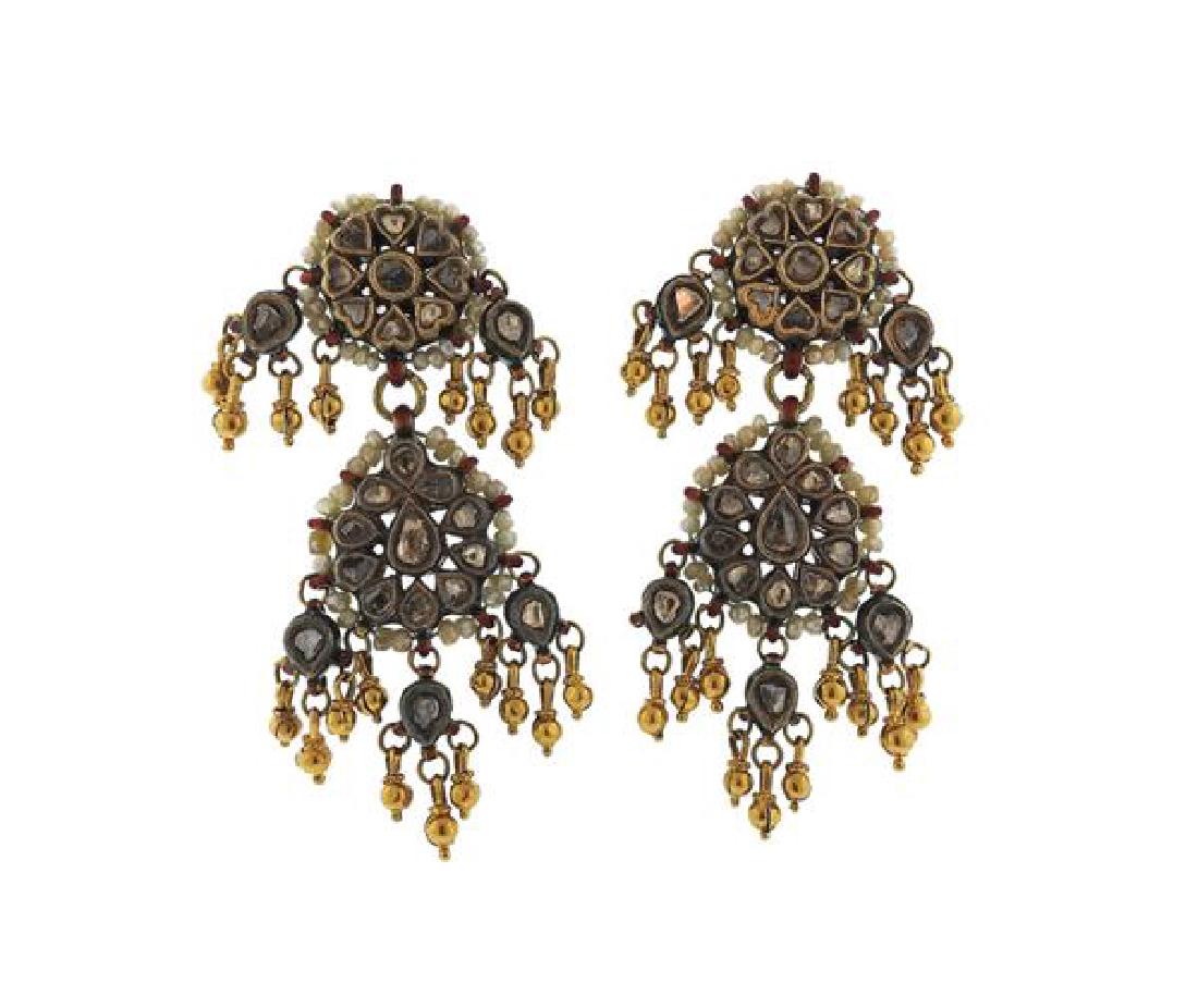 Indian 18k Gold Diamond Pearl Enamel Earrings (1 of 4)