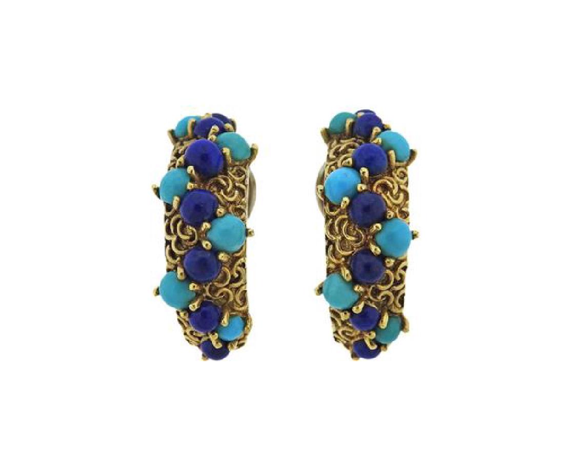18k Gold Turquoise Lapis Half Hoop Earrings (1 of 4)