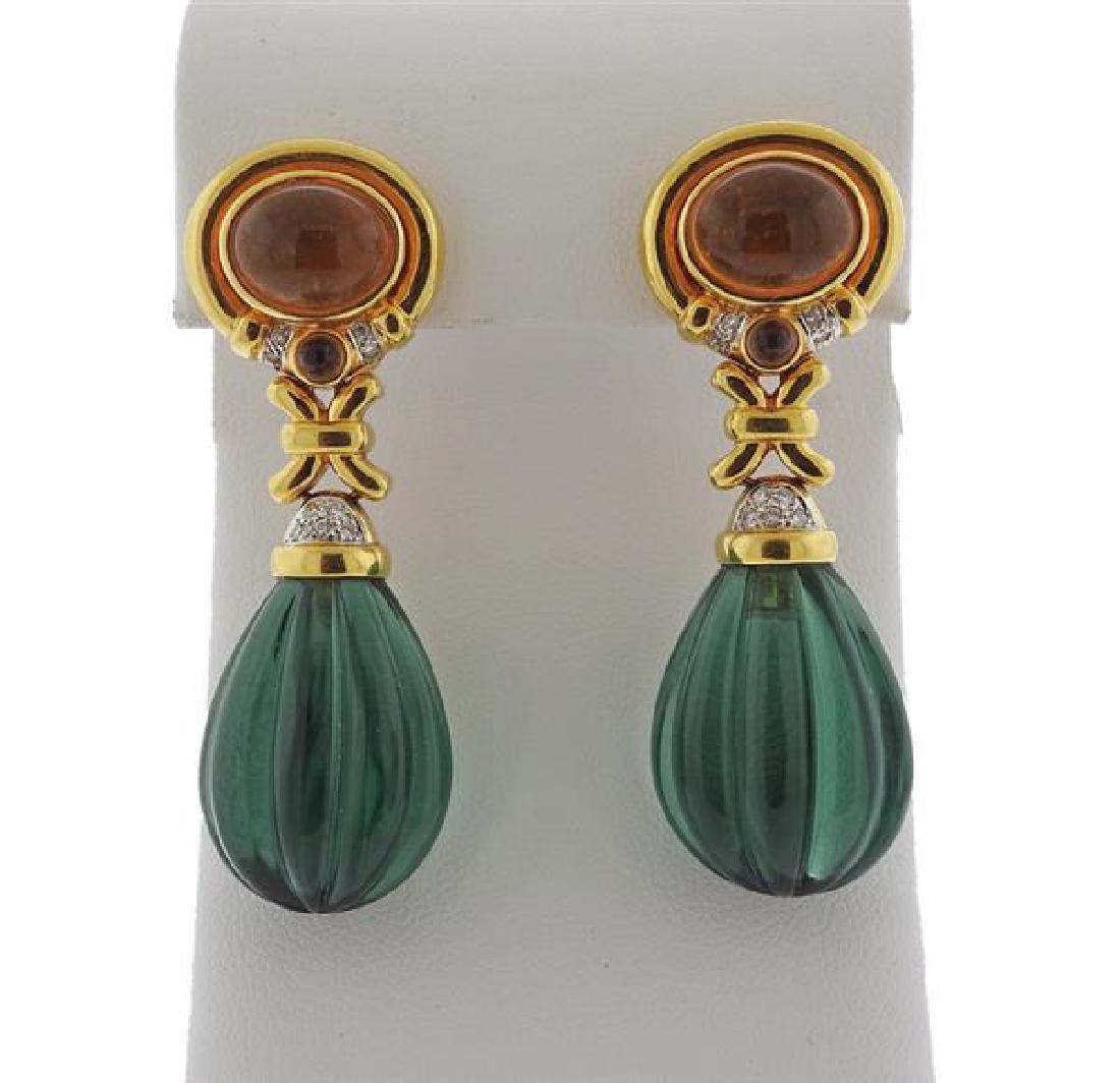 18K Gold Diamond Orange Green Stone Earrings (1 of 5)