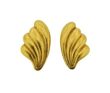 Ilias Lalaounis 18K Gold Earrings: METAL: 18K Gold. GEMSTONES: n/a. MEASUREMENTS: Earrings measure 32mm x 20mm. MARKED: A21, 750, Greece. WEIGHT: 23.2 grams. Gemstones have not been graded for color and clarity ,and tested for clarity