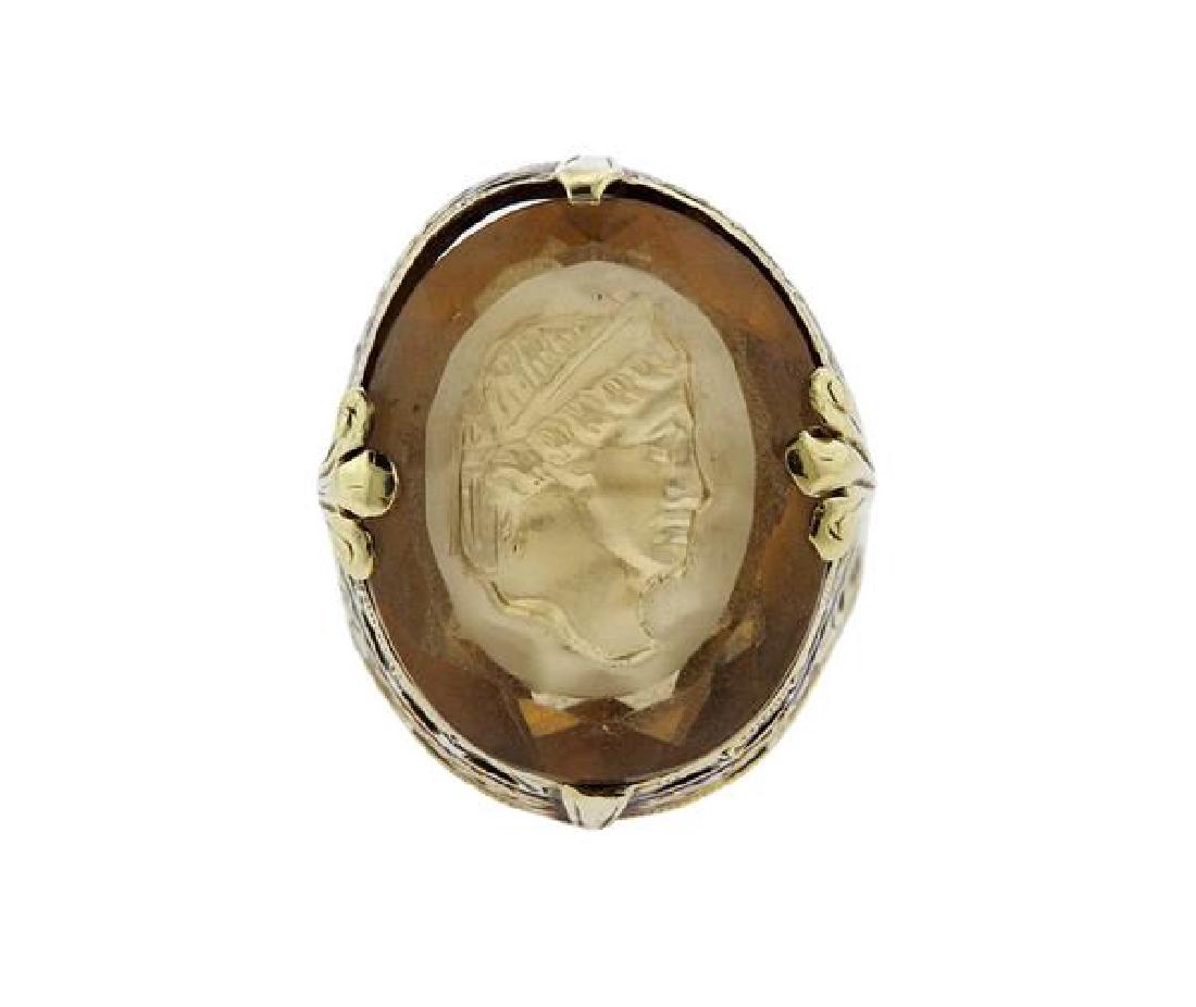 14K Gold Yellow Stone Enamel Intaglio Dome Ring (1 of 4)