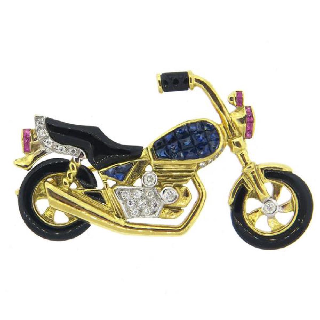 18k Gold Onyx Sapphire Ruby Diamond Motorcycle Brooch (1 of 2)