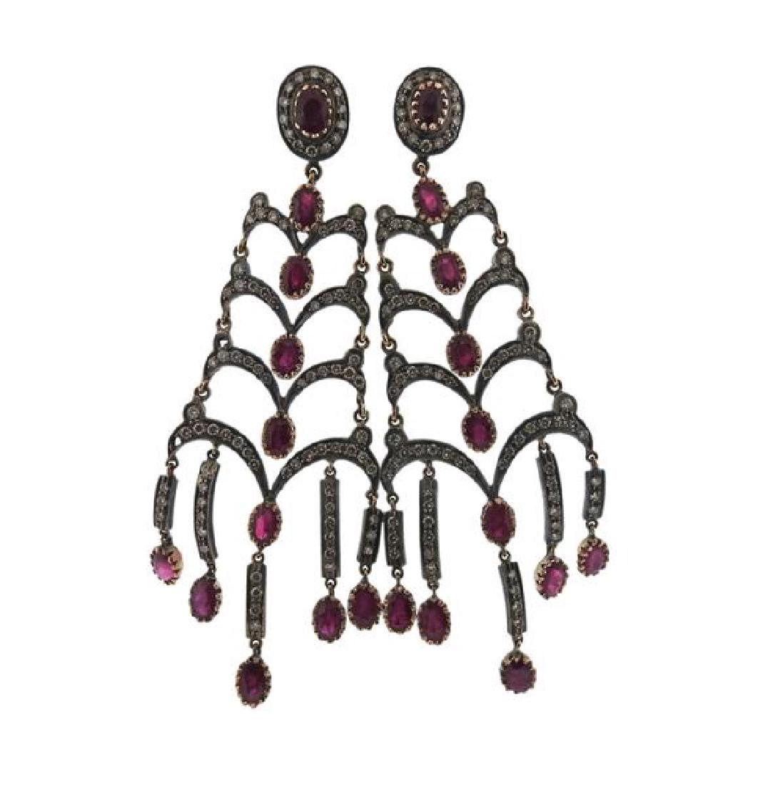14k Gold Silver Diamond Red Stone Chandelier Earrings (1 of 5)