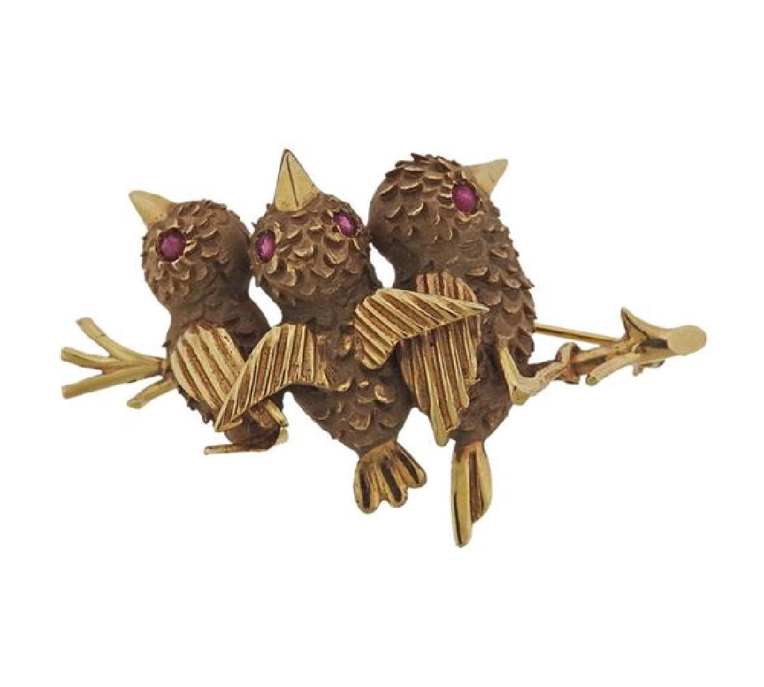 Retro 14K Gold Red Stone 3 Birds Brooch (1 of 3)
