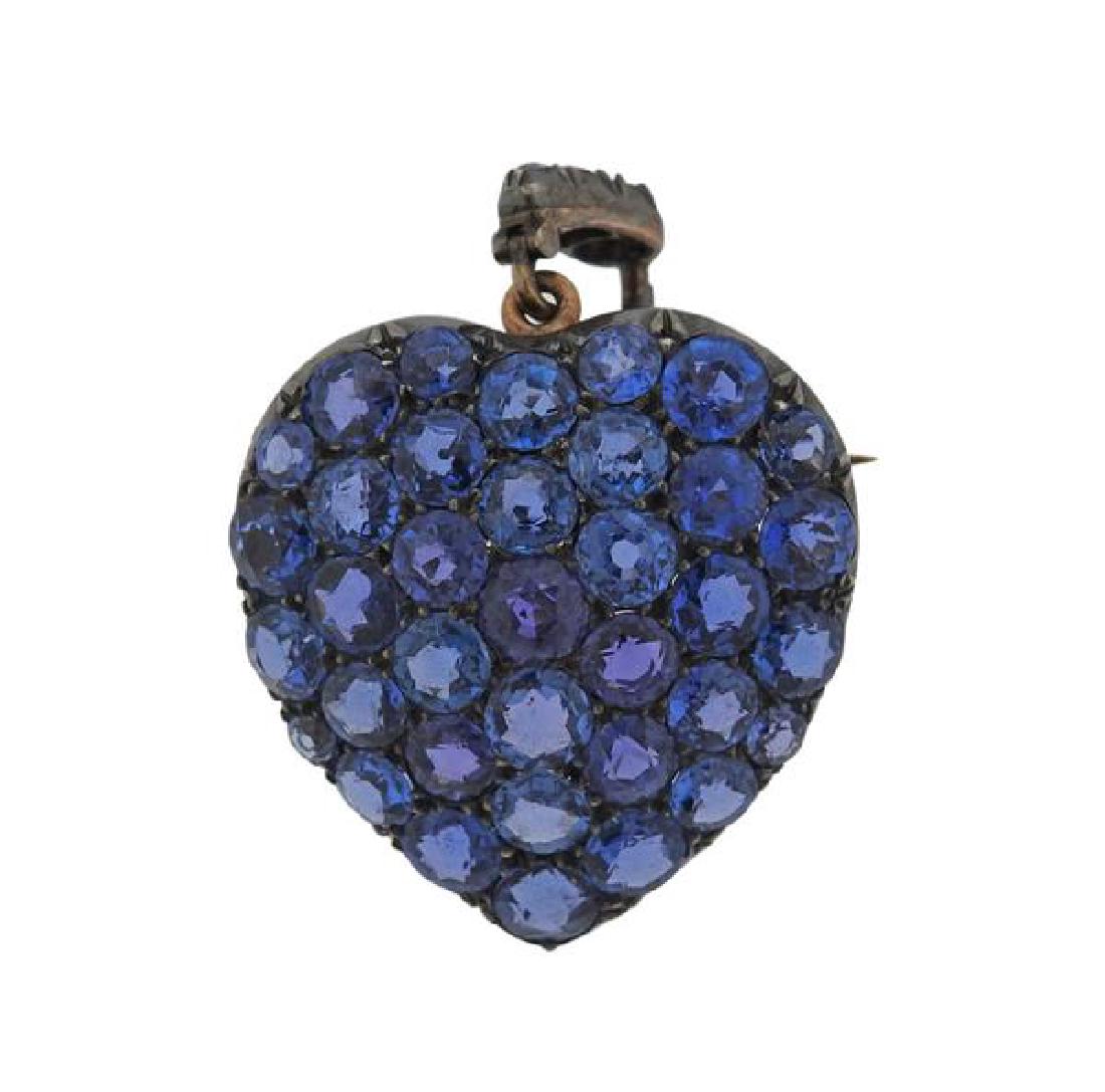 14K Gold Blue Stone Heart Brooch Pendant (1 of 3)