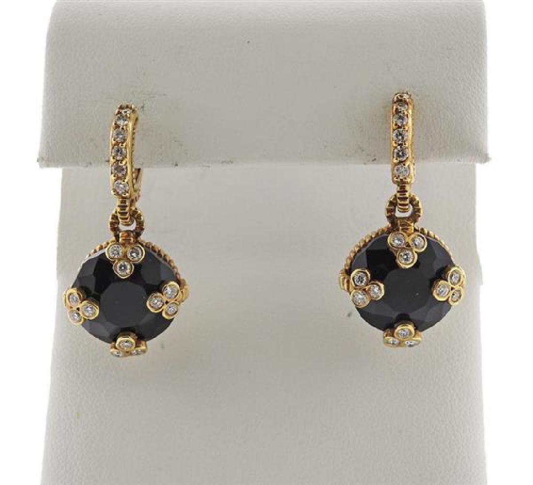 18K Gold Diamond Onyx Earrings: METAL: 18k gold. GEMSTONES: diamonds-approx. 0.36ctw, onyx. MEASUREMENTS: earrings are 30mm long x 14.2mm at widest point. MARKED: 750.Possibly made by Judith Ripka. WEIGHT: 8.5 grams. Gemstones have