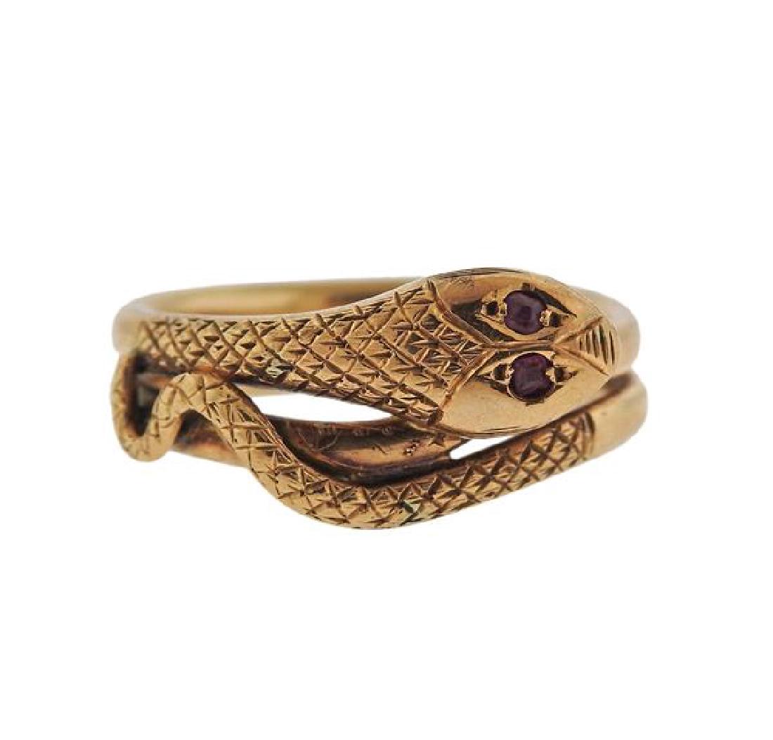 Antique 14k Gold Red Stone Snake Ring (1 of 3)