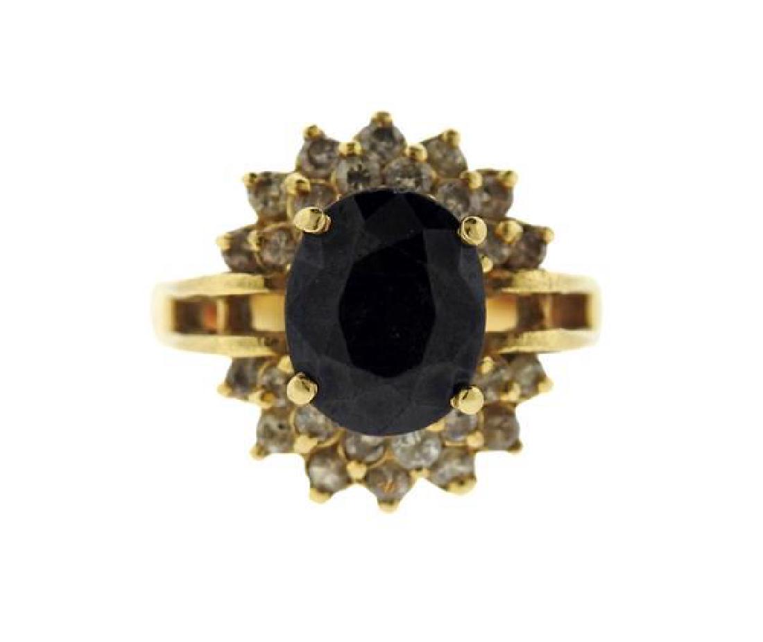 14k Gold Sapphire Diamond Ring: METAL: 14k gold. MEASUREMENTS: ring size - 7 1/2, ring top is 17mm x 18mm. GEMSTONES: sapphire - 10.4mm x 8.3mm, diamonds approx. 0.30ctw. MARKED: TII pms. WEIGHT:8 grams.Gemstones have not been grade