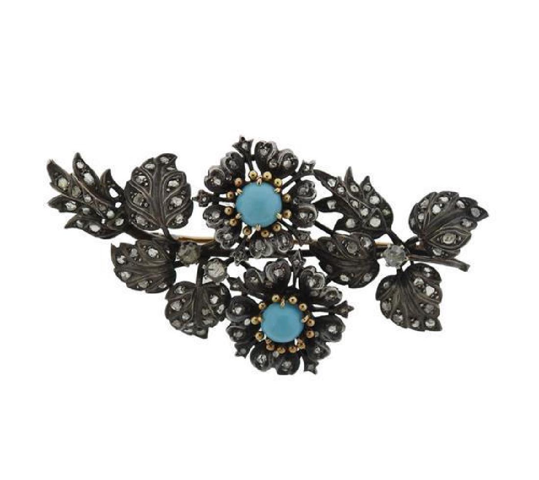 Antique 18K Gold Silver Diamond Blue Stone Brooch (1 of 3)