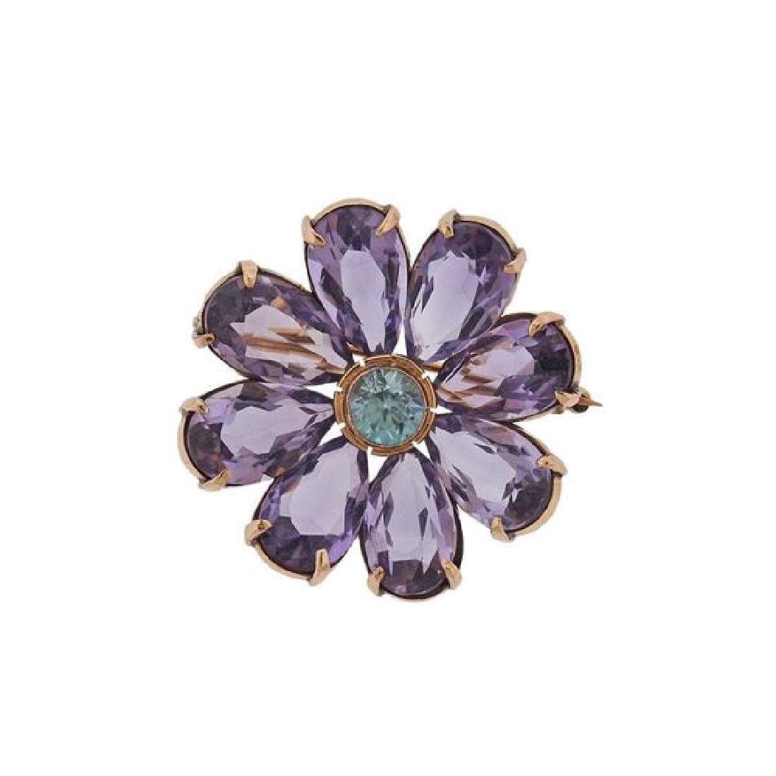 14K Gold Purple Blue Stone Brooch Pin (1 of 2)
