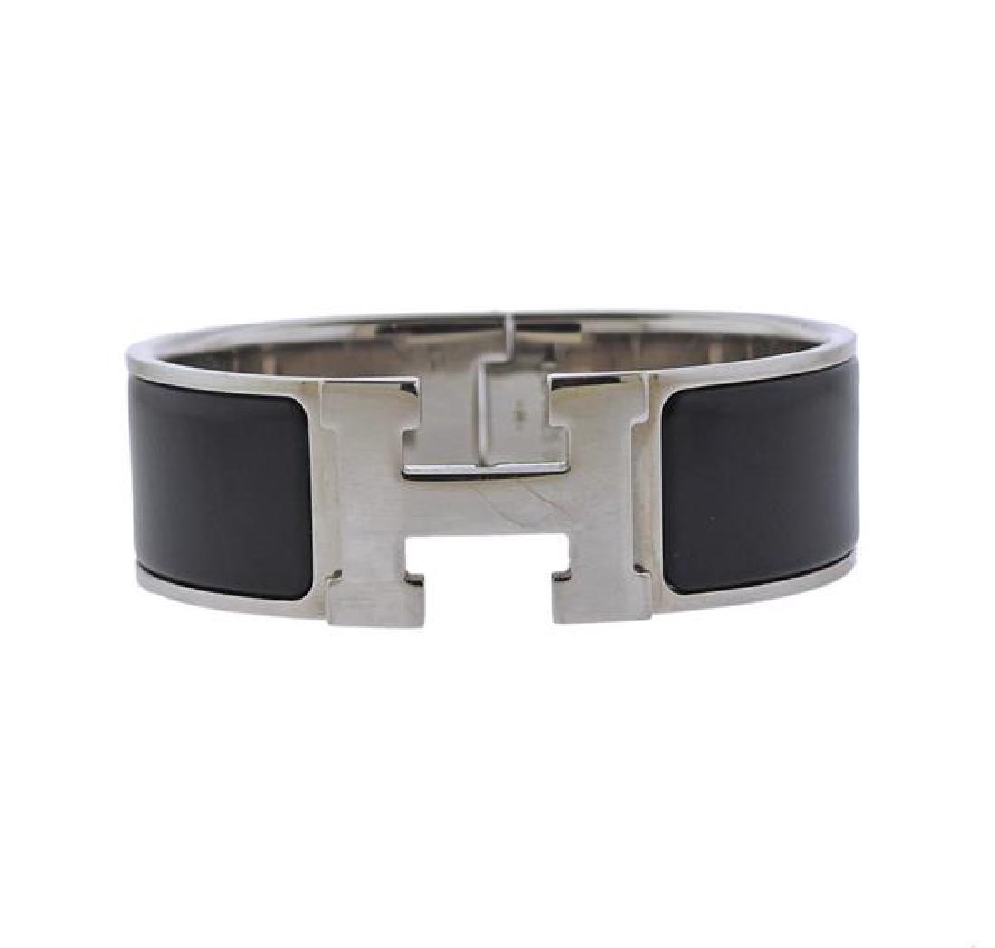 Hermes H Silver Tone Metal Black Bangle Bracelet (1 of 4)