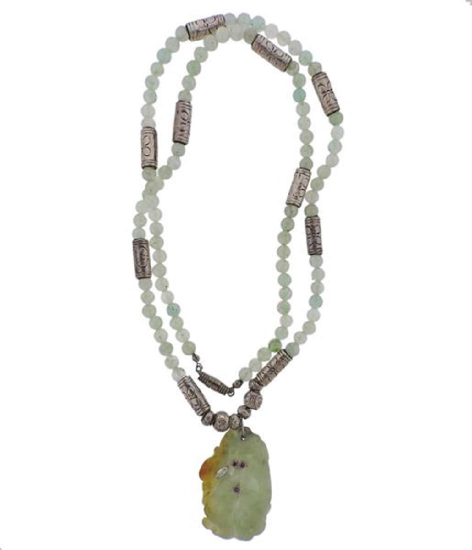 Silver Diamond Carved Jade Pendant Necklace (1 of 3)