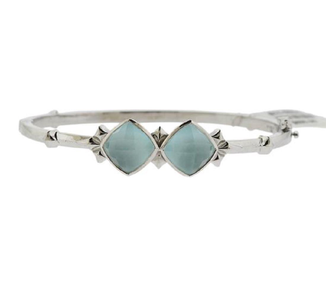 Stephen Webster Sterling Cat's Eye Quartz Bracelet: METAL: sterling silver. GEMSTONES: blue cat's eye, clear quartz. MEASUREMENTS: bracelet opening measures 57 x 50mm. Bracelet is 12.2mm at widest point. MARKED: 925, maker's hallmark. WEIGHT: 1
