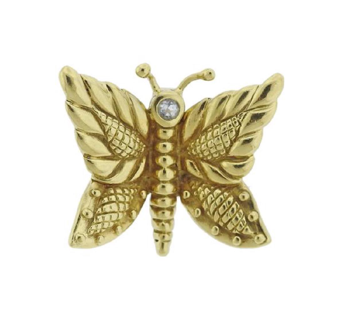 Judith Ripka 18k Gold Butterfly Pendant: METAL: 18k Gold. MEASUREMENTS: Pendant is 30mm x 23mm. GEMSTONES: Clear stone. MARKED: "USHMI", Judith Ripka, 18k. WEIGHT: 11.3 grams.Gemstones have not been graded for color and clarity ,an