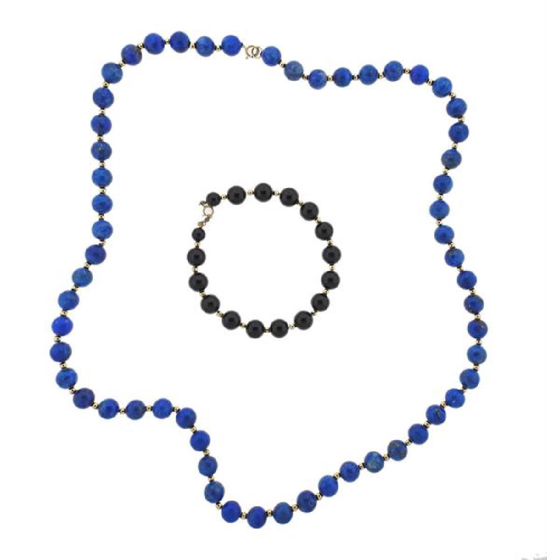 14k Gold Lapis Onyx Beaded Bracelet Necklace Set (1 of 3)