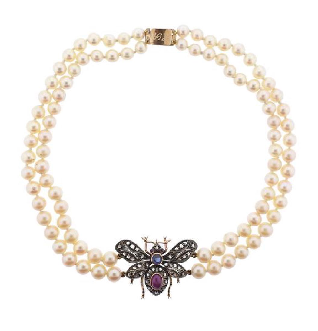 12k Gold Silver Diamond Pearl Insect Necklace (1 of 6)