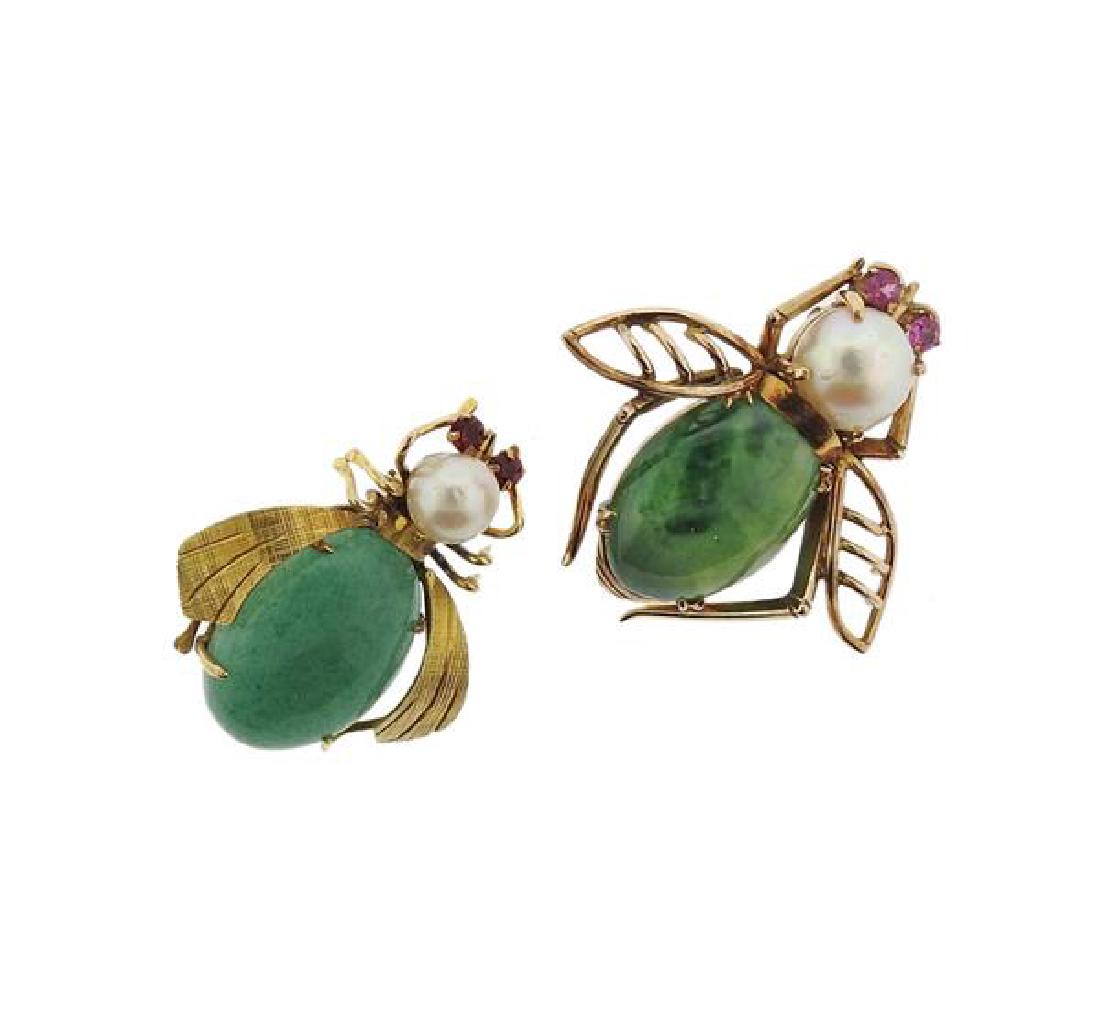 14K Gold Pearl Gemstone Insect Brooch Lot of 2 (1 of 3)