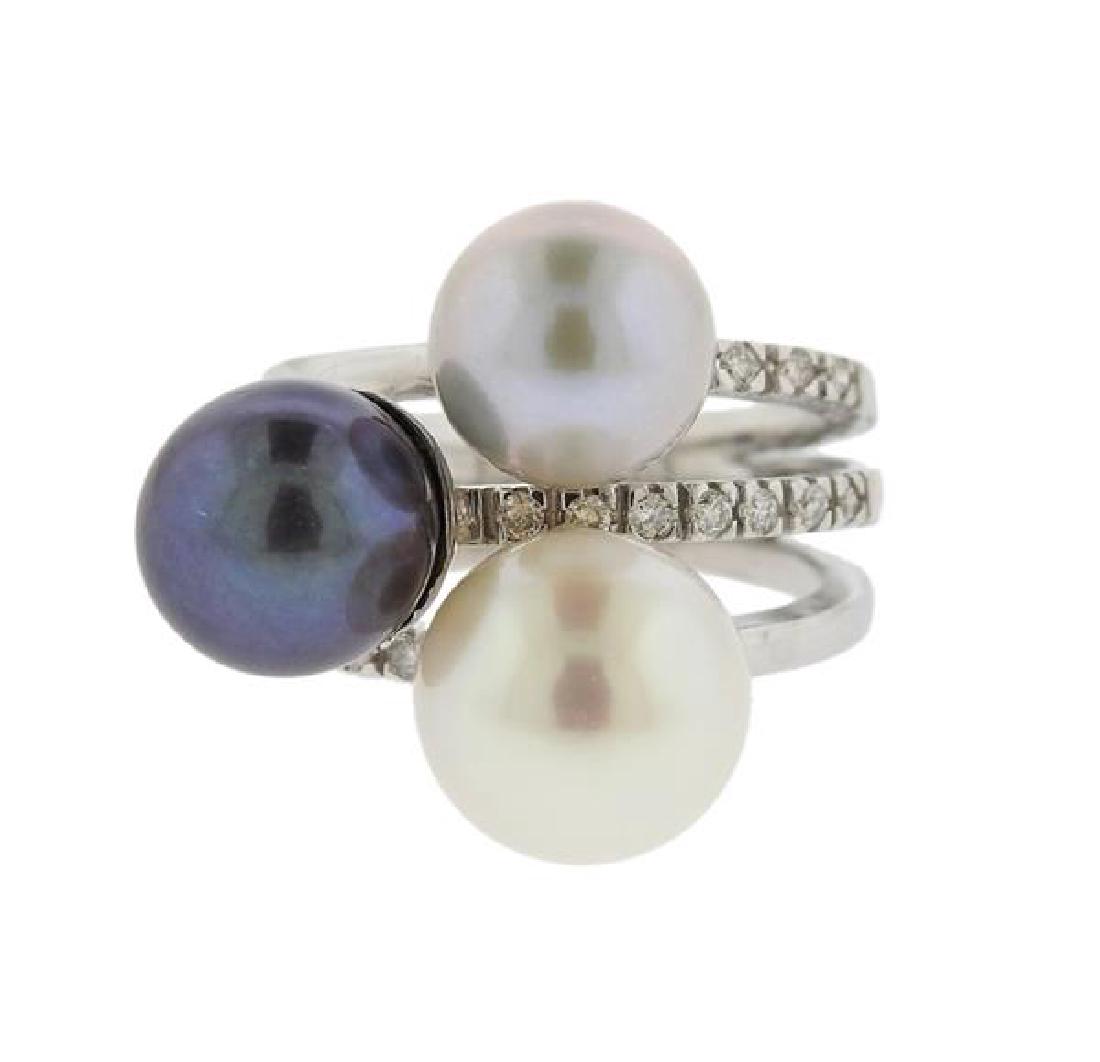 18K Gold Diamond Pearl Three Row Ring (1 of 4)