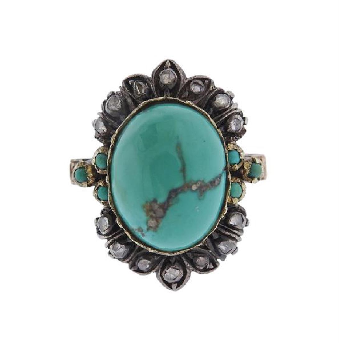 Antique 18K Gold Silver Diamond Turquoise Ring (1 of 3)