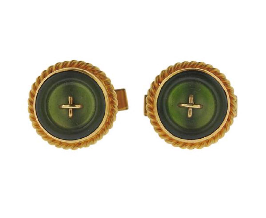 14K Gold Green Stone Button Cufflinks (1 of 4)