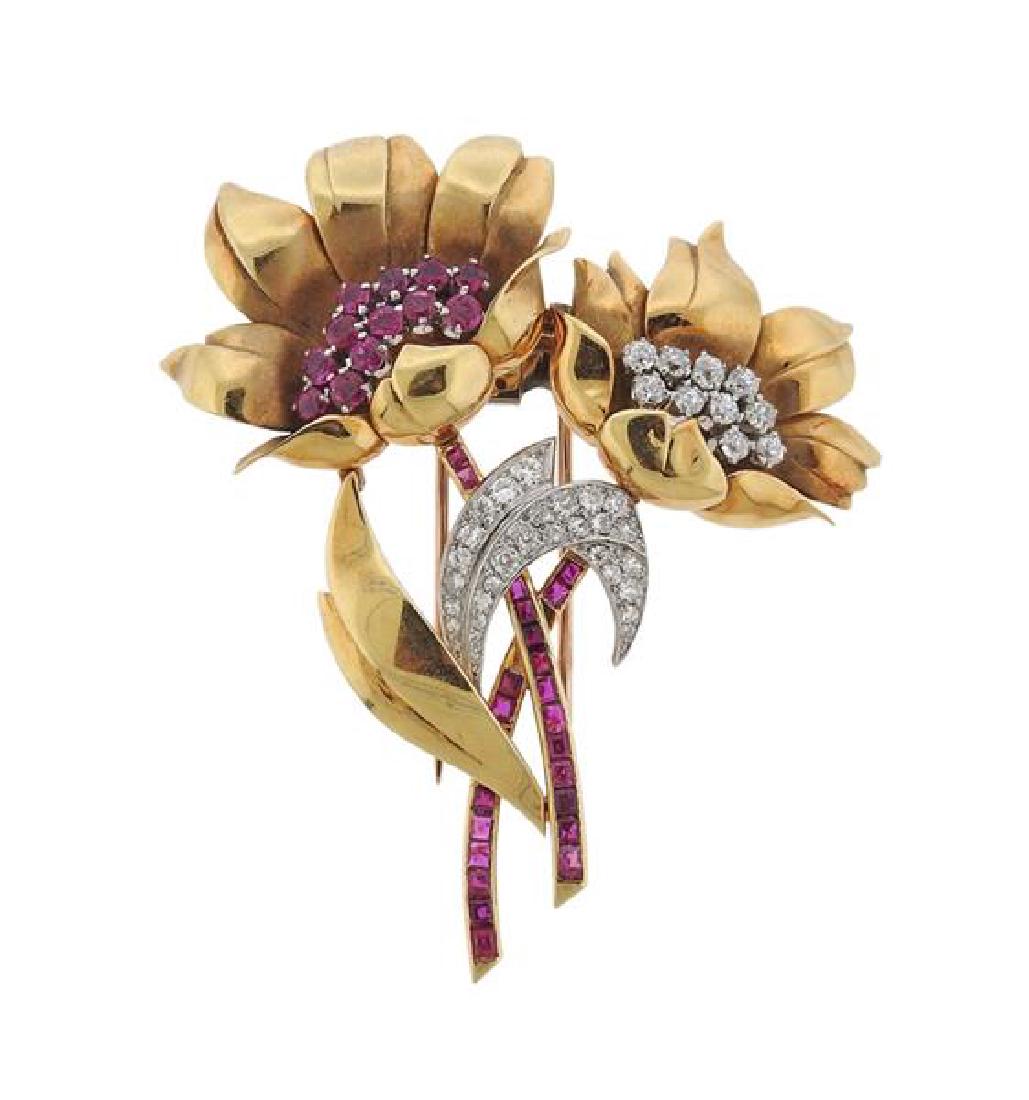Retro 14K Gold Diamond Gemstone Flower Brooch (1 of 3)