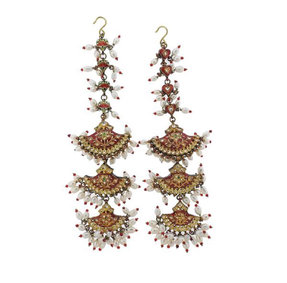 Indian 22k Gold Diamond Pearl Green Stone Enamel (1 of 5)