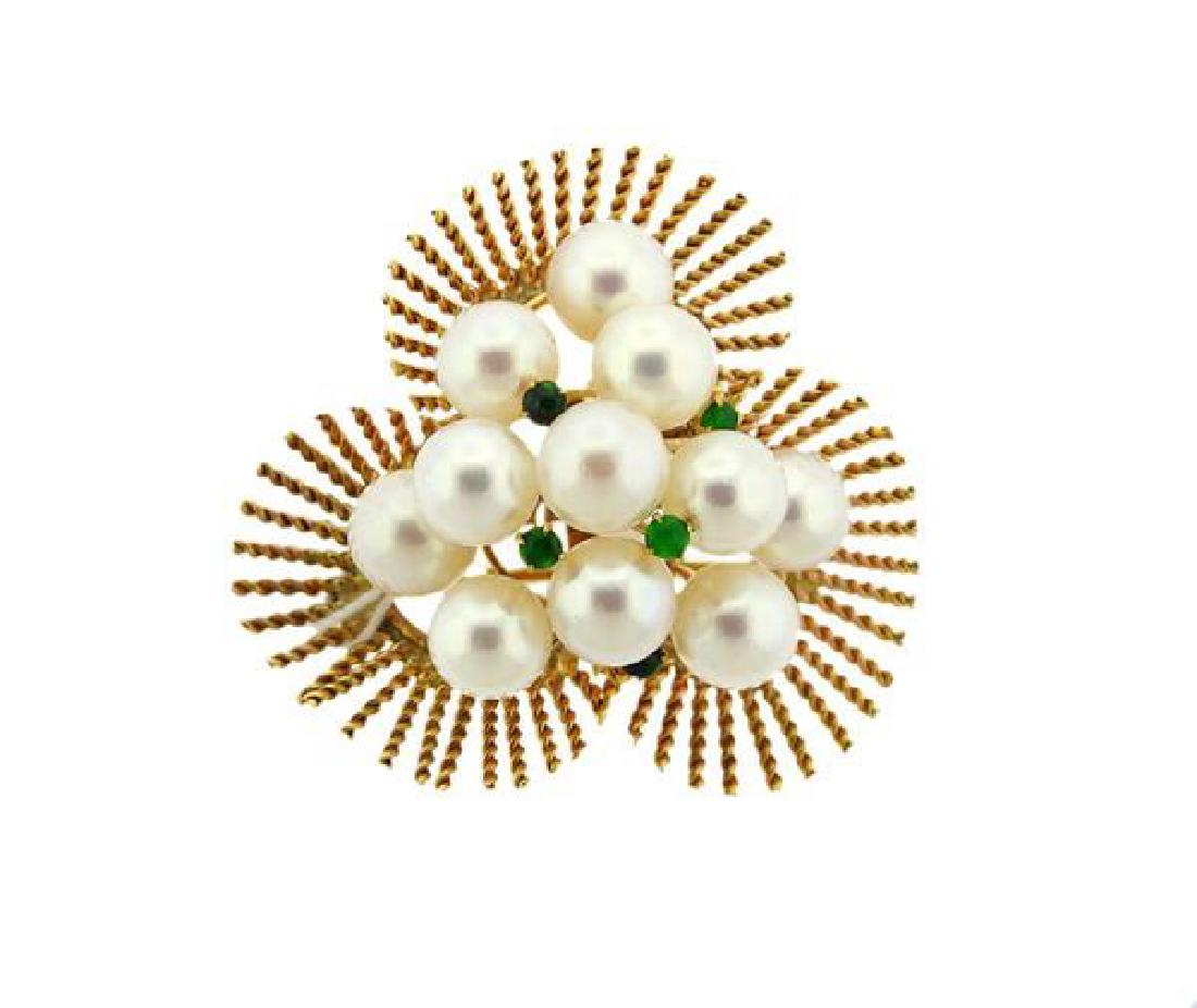 14K Gold Pearl Emerald Brooch Pin (1 of 3)
