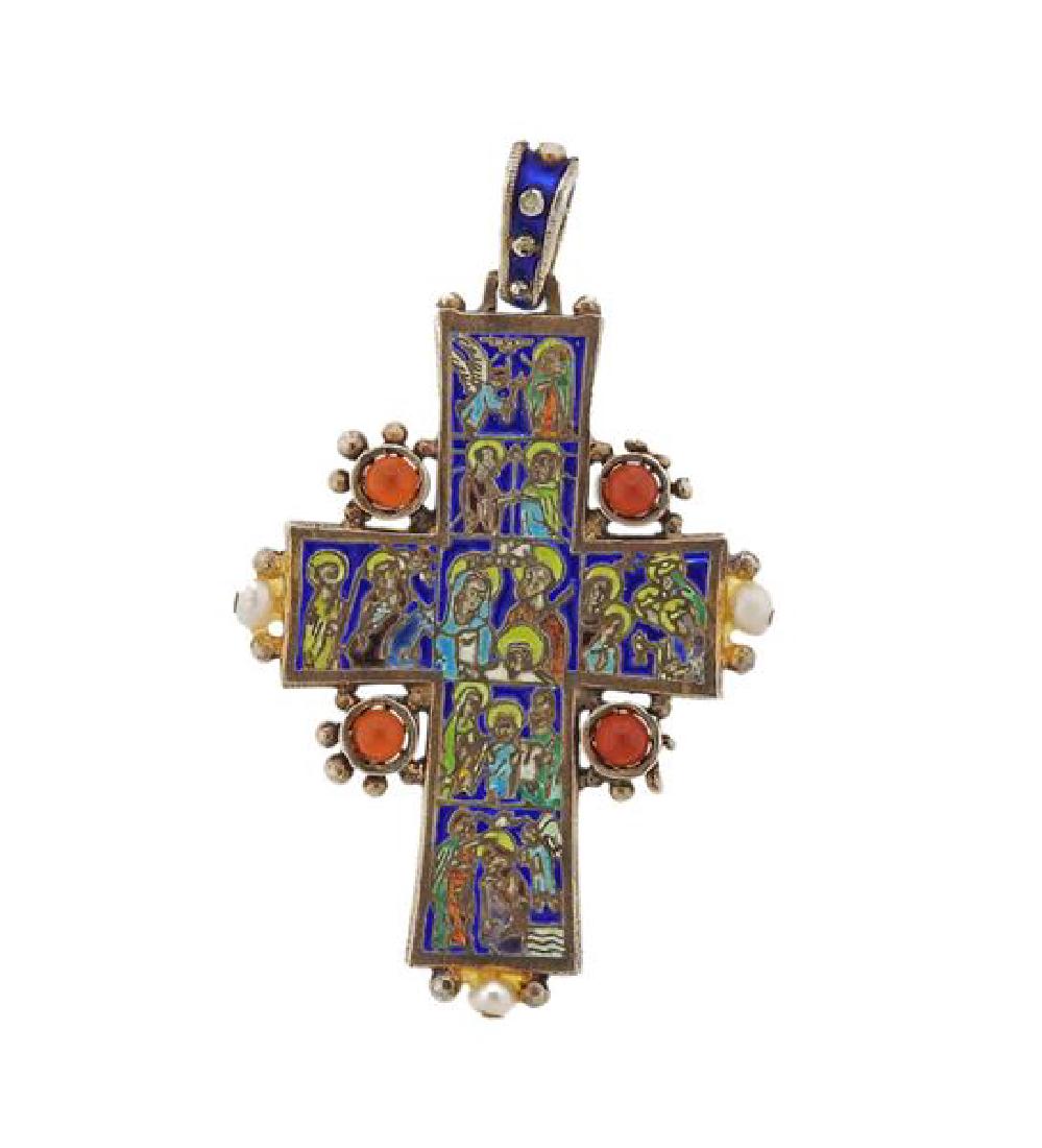 Antique Enamel Ruby Pearl Cross Pendant (1 of 3)