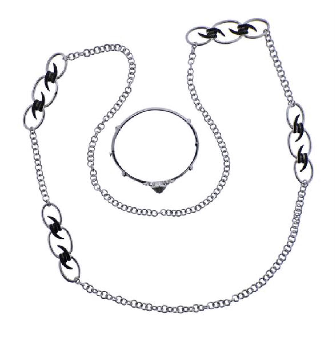 Stephen Webster Silver Black Diamond Bracelet Necklace: METAL: Sterling Silver. MEASUREMENTS: Necklace is 27" long. Bracelet wil fit approx. 6 3/4" wrist. GEMSTONES; Black Diamonds, crystal. MARKED: 925, Webster mark. WEIGHT" 71.7 grams.Gems