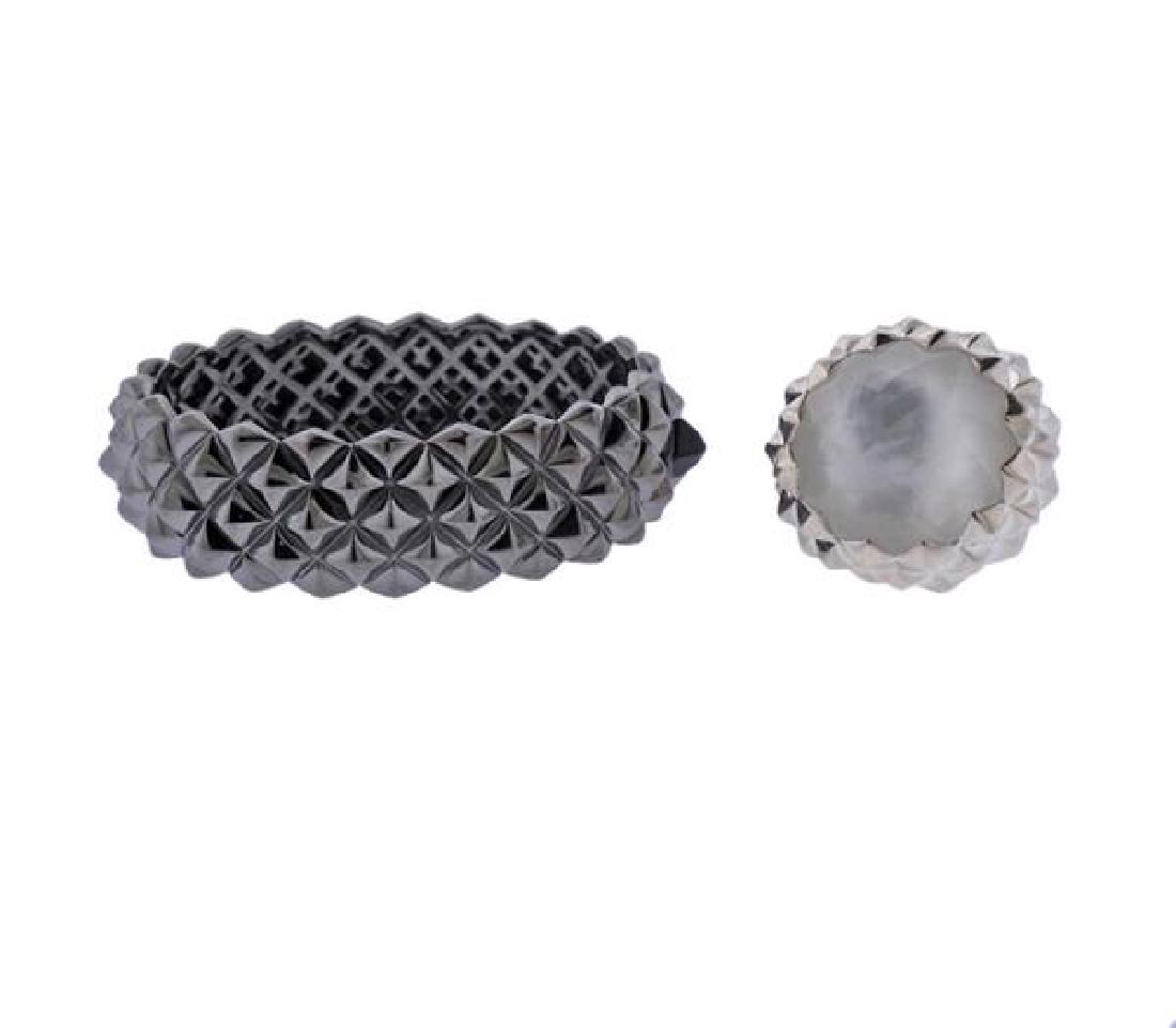 Stephen Webster Rockstud Silver Crystal Ring Bracelet: METAL: Sterling Silver. MEASUREMENTS: Bracelet will fit approx. 7" wrist and is 19mm wide. Ring size - 7, ring top is 30mm x 30mm. GEMSTONES; Crystal, backed with mother of pearl. MARKED: Webster