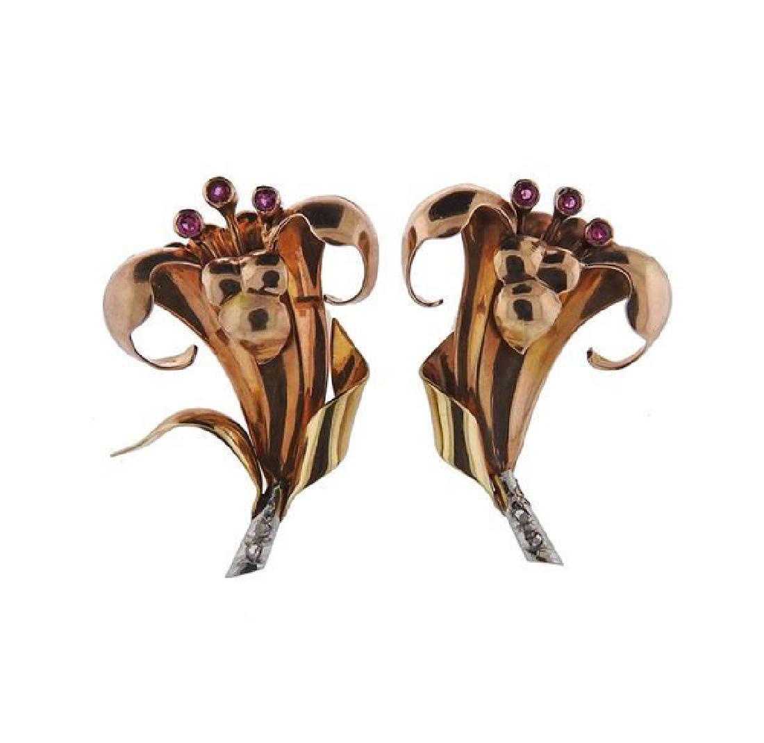 Retro 18K Diamond Gemstone Flower Earrings (1 of 3)