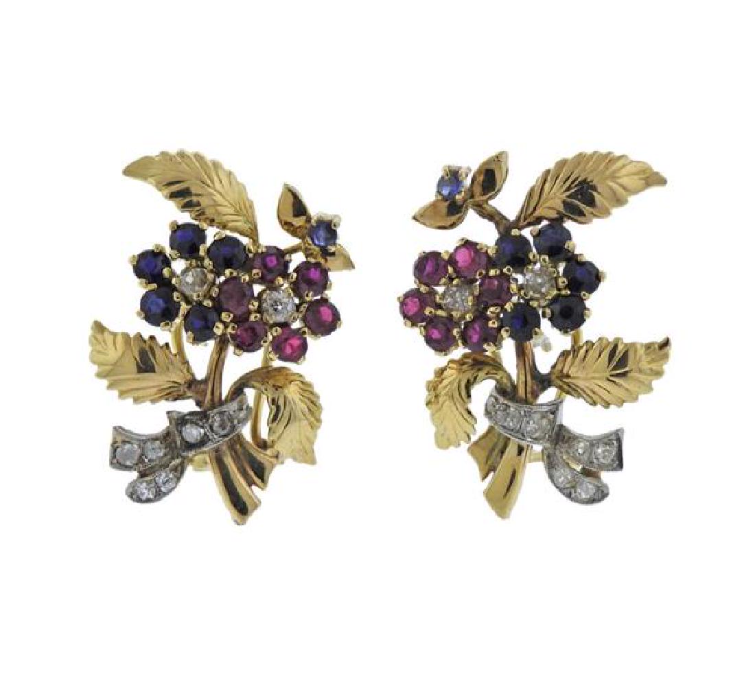 Retro 14K Gold Diamond Ruby Sapphire Flower Earrings (1 of 4)