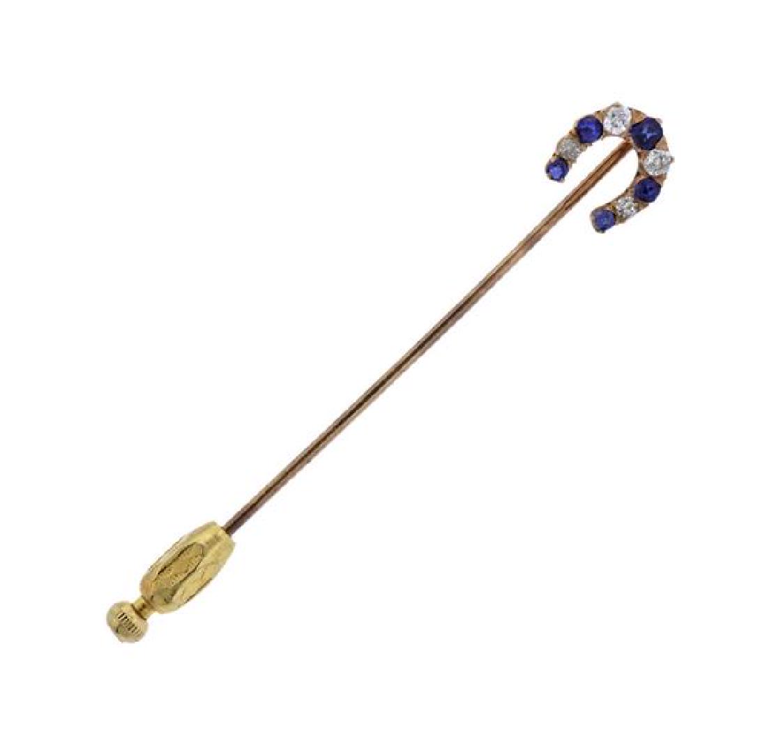 Antique 14K Gold Diamond Blue Gemstone Stick Pin (1 of 3)