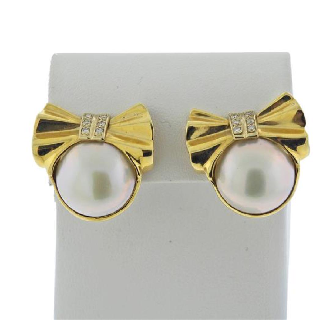 14K Gold Diamond Pearl Bow Earrings (1 of 4)