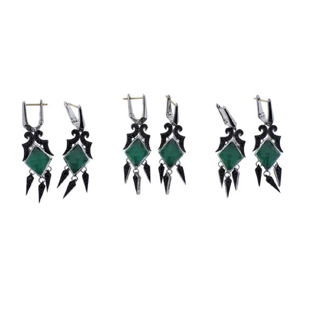 Stephen Webster Silver Diamond Crystal Earrings Lot: METAL: Sterling Silver. MEASUREMENTS: Earrings are 45mm x 15mm. GEMSTONES: Black diamonds, Green gemstone, covered with faceted crystal. MARKED: Maker's mark, 925.WEIGHT: Each pair weighs approx.